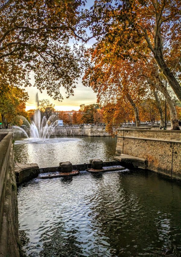 Bassin et fontaine du Jardin de la Fontaine à Nîmes, entourés d’arbres aux couleurs d’automne et de murs en pierre